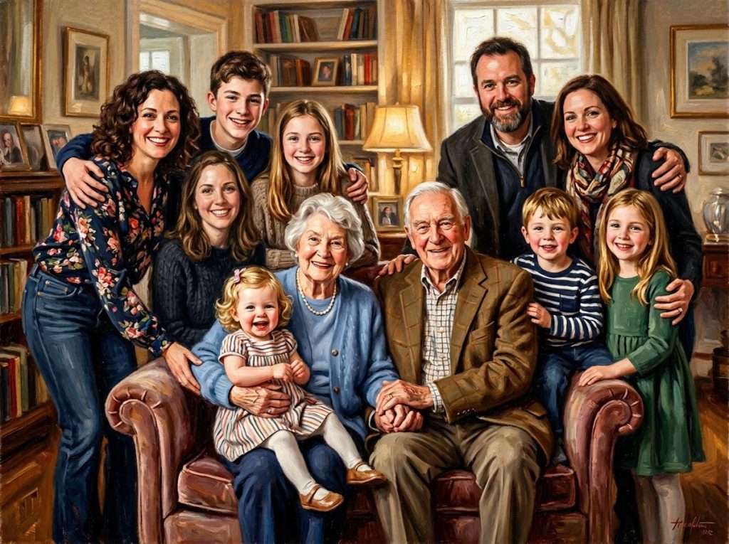 Ručně malovaný rodinný portrét s vnoučaty jako originální dárek pro babičku a maminku