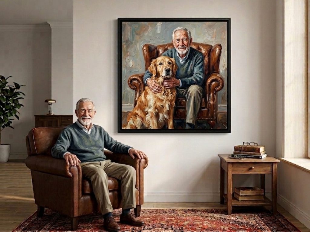 Ručně malovaný portrét psa a muže na plátně v interiéru obývacího pokoje.
