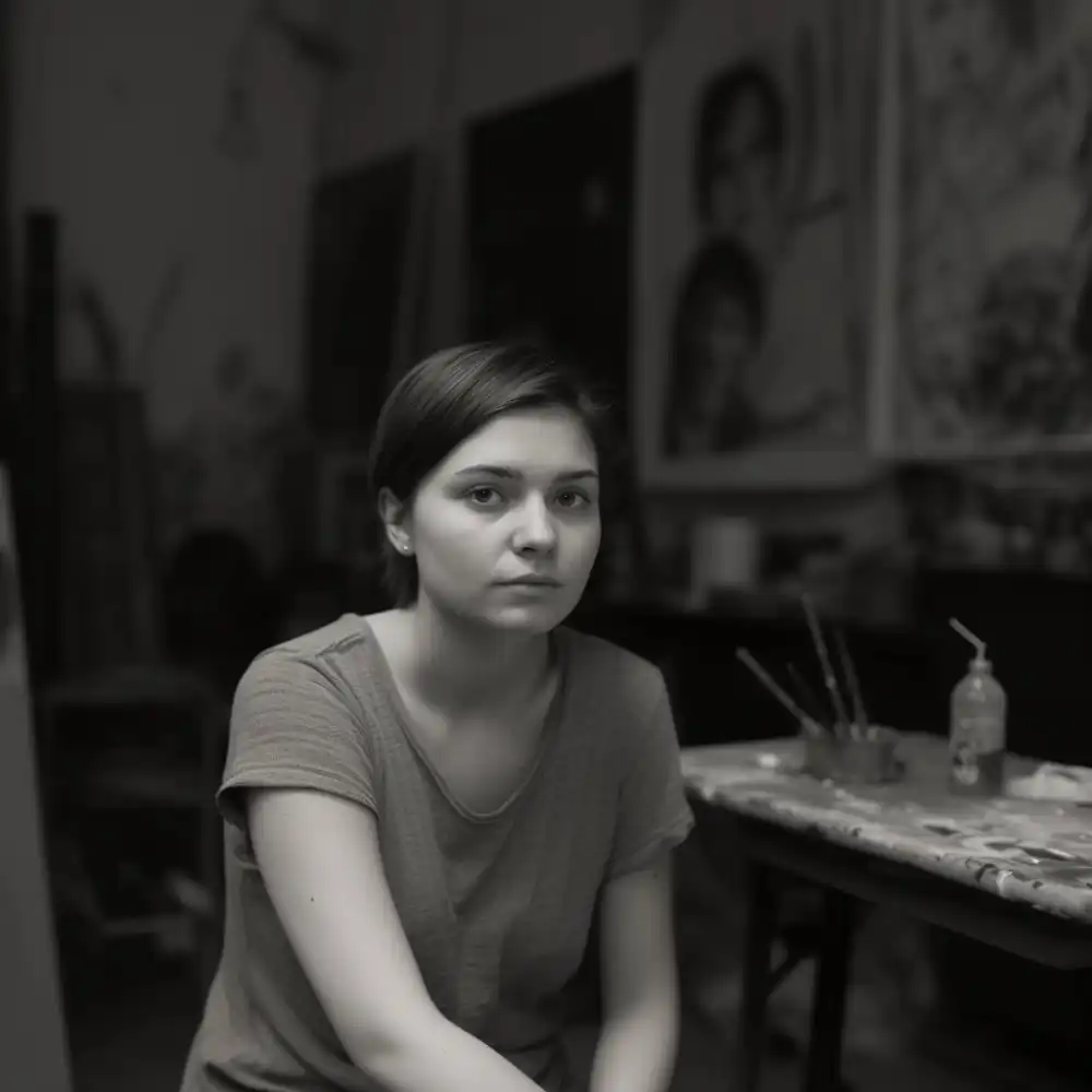Malířka Arsita v ateliéru při tvorbě ručně malovaného obrazu podle fotografie