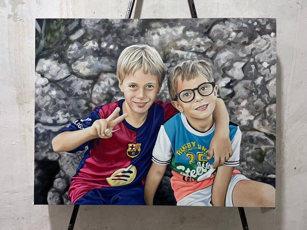 obraz podle fotky – ručně malovaný obraz dvou chlapců na plátně