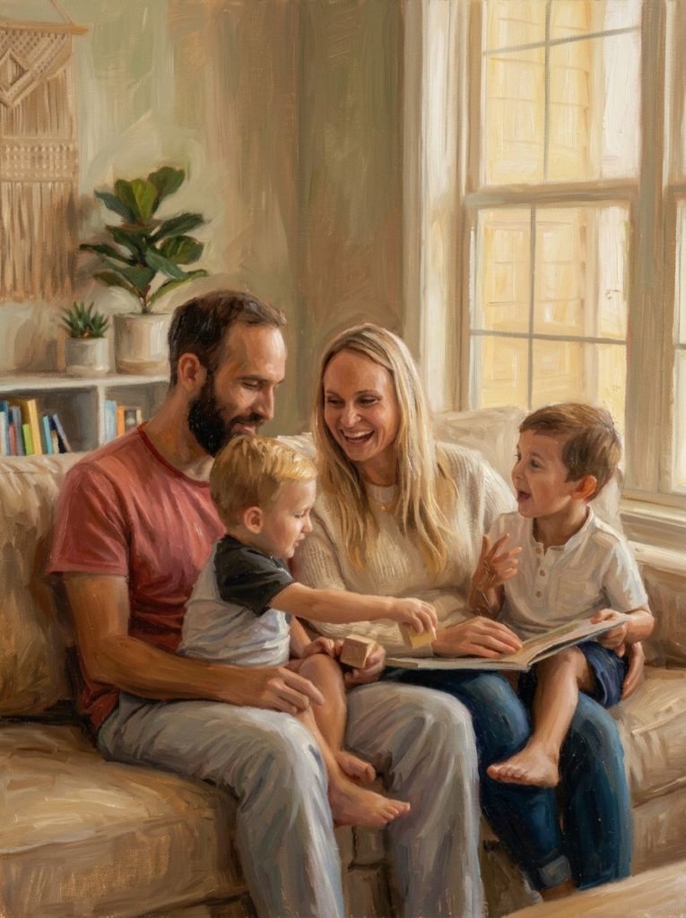 malovaný obraz rodiny v interiéru – obraz podle fotky ukázky výsledek