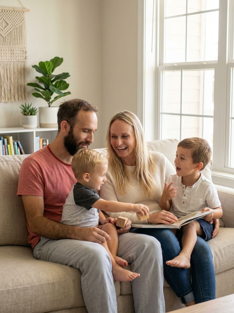 rodina s dětmi na pohovce – malba podle fotky ukázky jako předloha