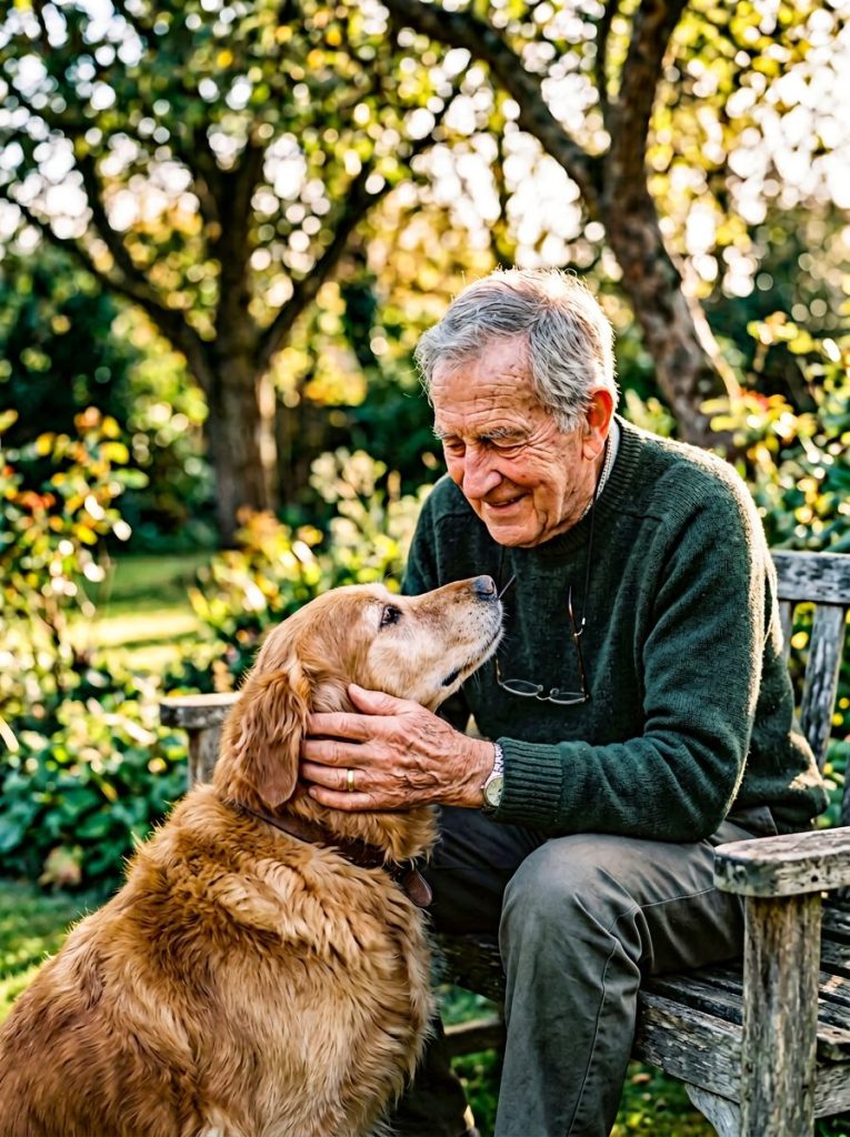 muž se psem v zahradě – portrét podle fotky ukázky jako předloha