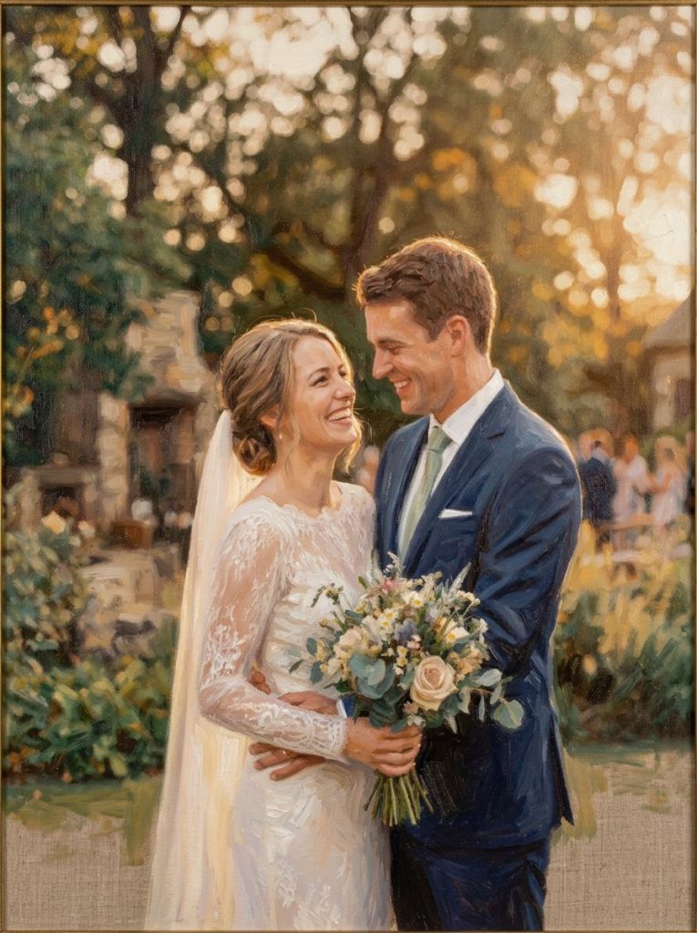 malovaný obraz svatebního páru – malovaný obraz podle fotky ukázky výsledek