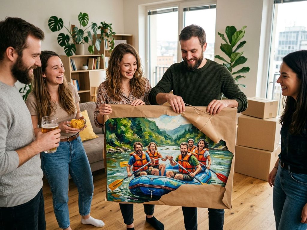 Přátelé rozbalují originální dárek do nového bytu v podobě ručně malovaného obrazu party na vodě