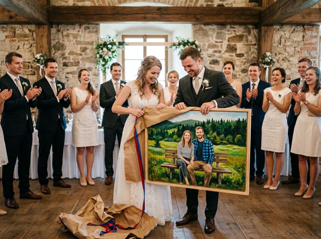 Novomanželé rozbalují originální svatební dar v podobě ručně malovaného obrazu na plátně podle jejich společné fotografie