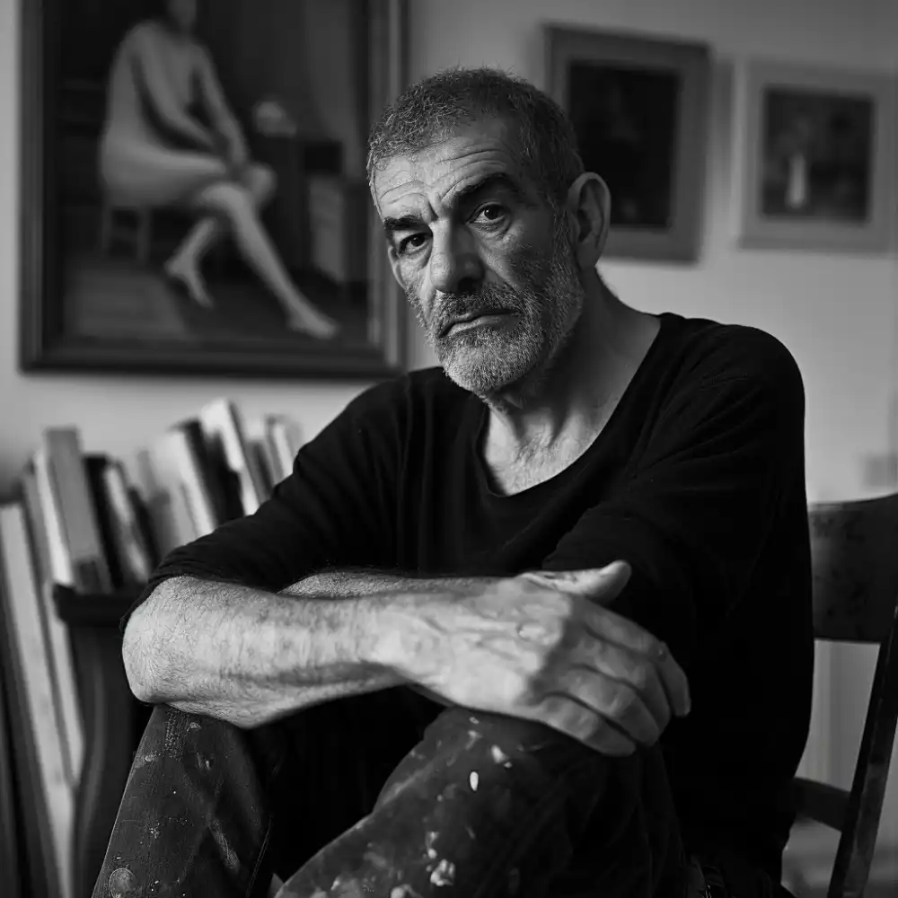 Malíř Petros Trakas v ateliéru při tvorbě ručně malovaného obrazu podle fotografie